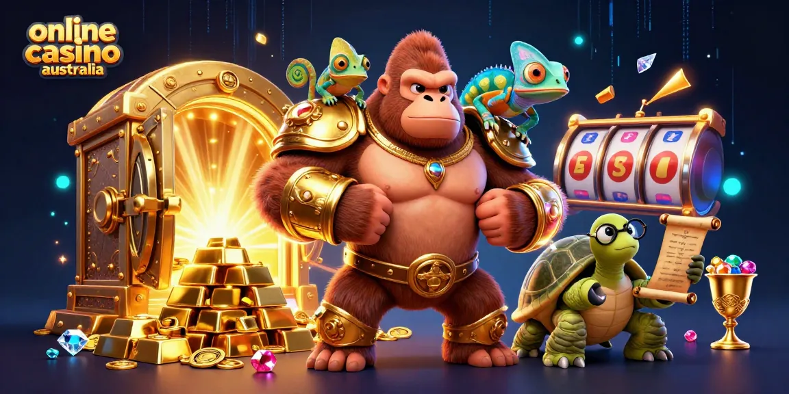 Experience the thrill of online casino Australia with an action-packed 3D illustration of a gorilla king and friends!