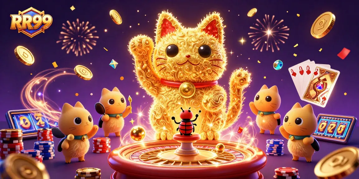 Experience exciting gameplay at RR99 with a vibrant 3D casino scene celebrating luck and winnings.